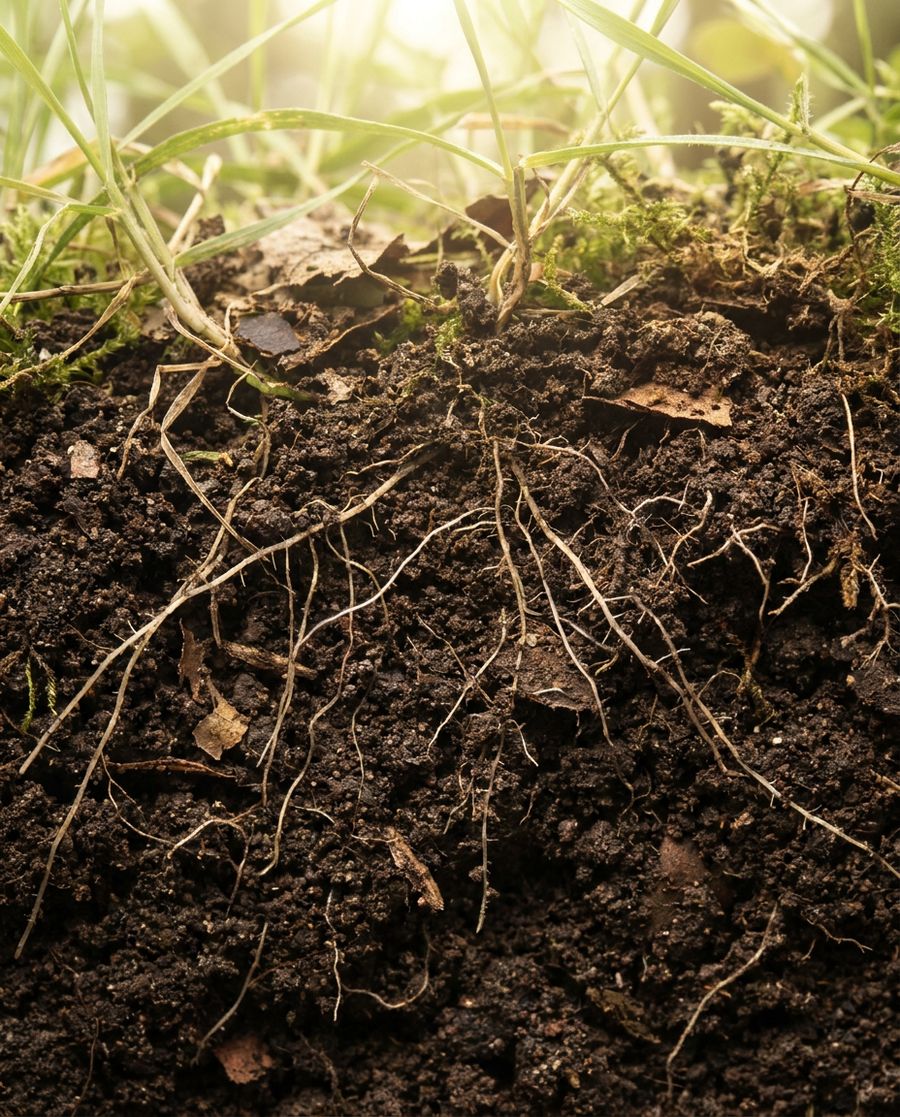 A cross-section of living soil: dense roots and rich organic matter