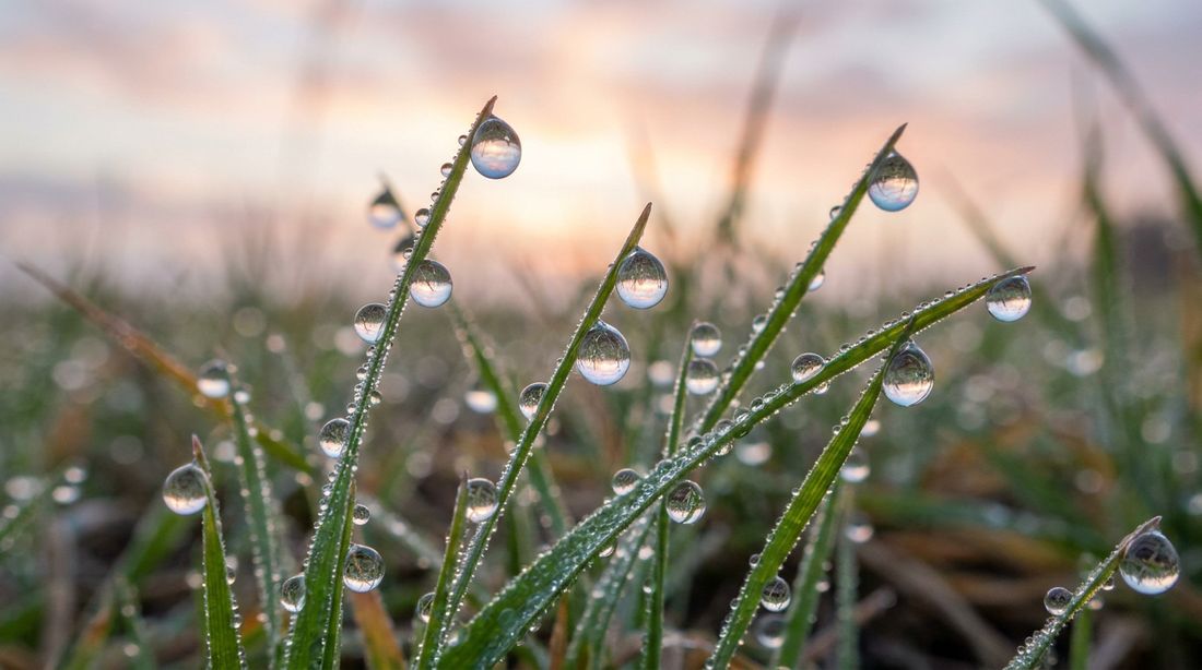 Rain droplets held on green grass blades reflecting a pastel sky